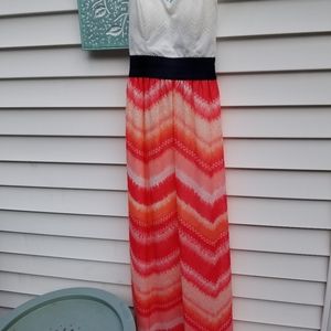 Maxi dress with orange and cream sweetheart bodice
